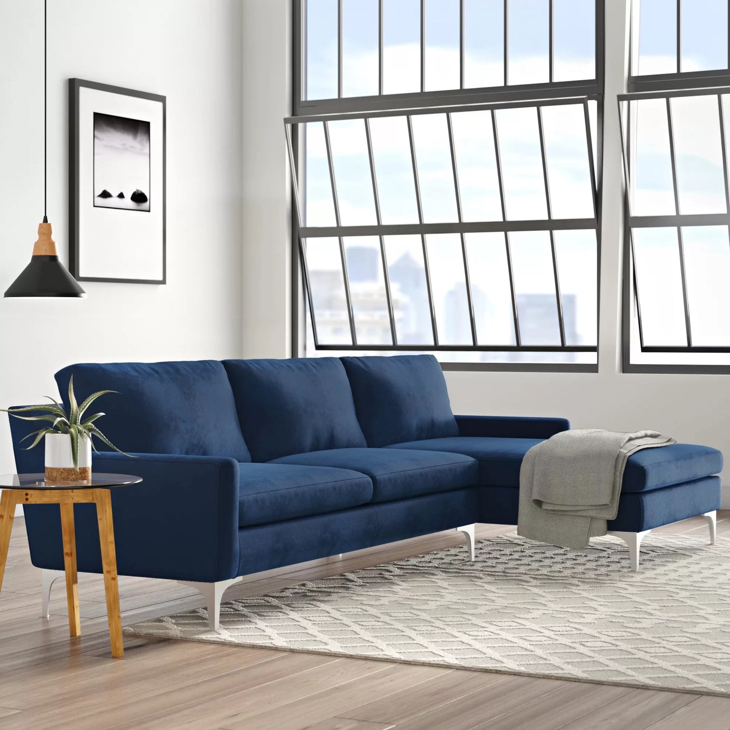 Jones Sectional Sofa With Chaise, Left Facing, Blue, Velvet