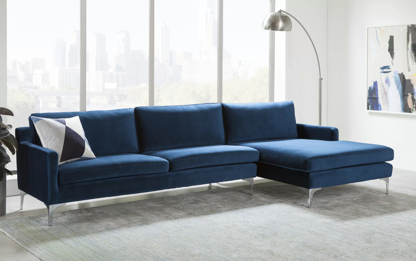 Jones Sectional Sofa With Chaise, Left Facing, Blue, Velvet